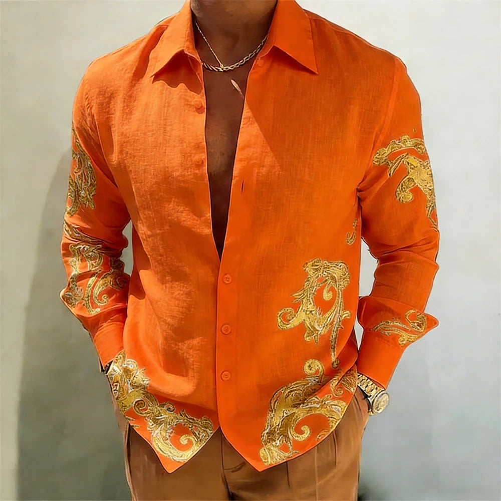Men's Gold Baroque Print Button-Up Shirt – Long Sleeve Statement Shirt