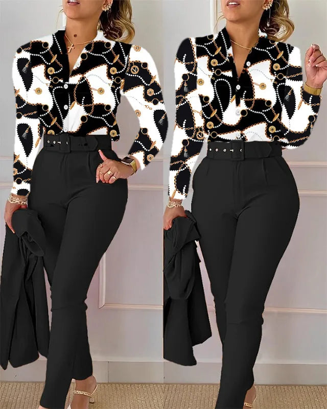 Print Long Sleeve Shirt Matching Pants Sets With Belt