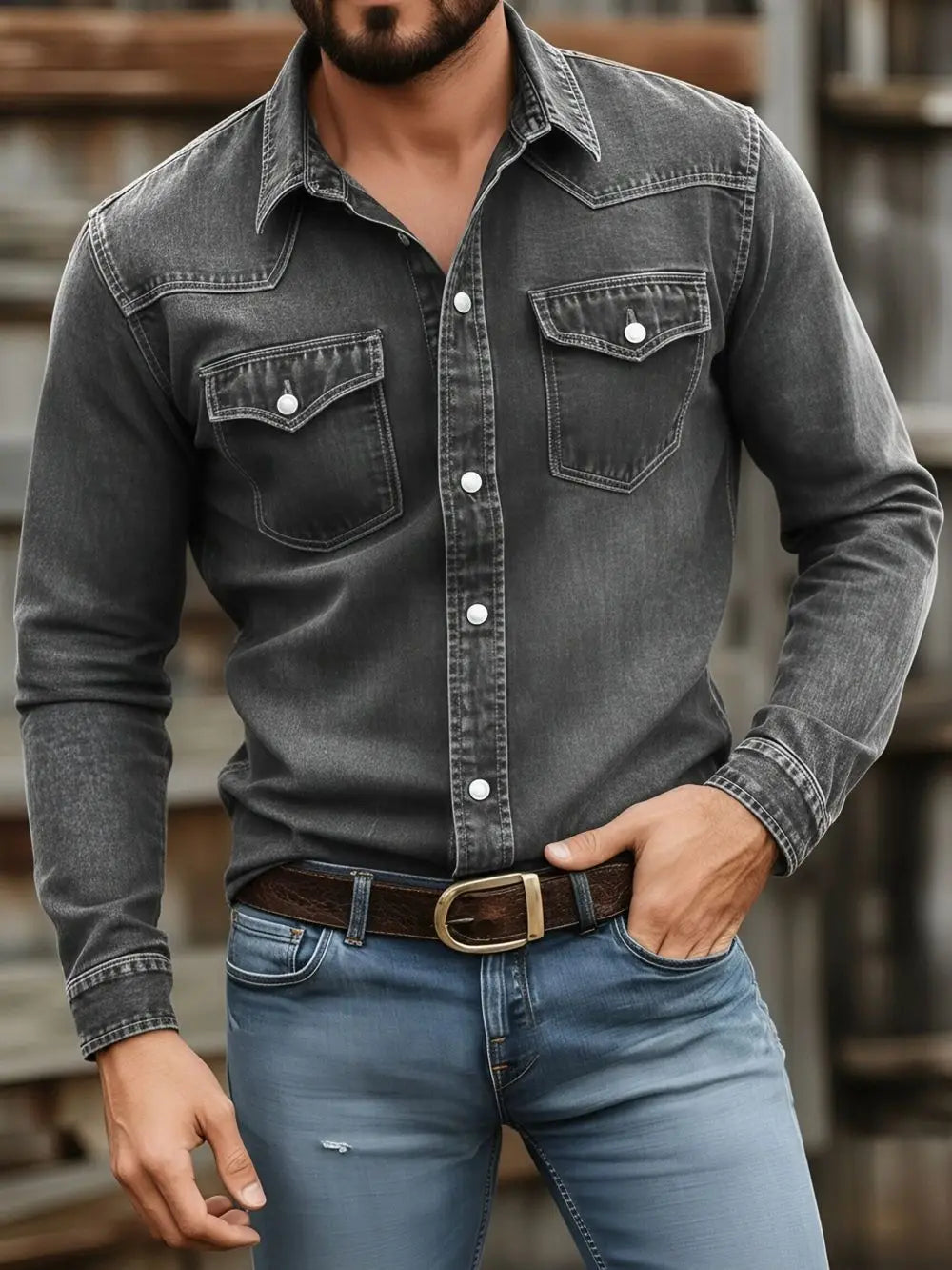 Men's Vintage Washed Denim Button Up Shirt