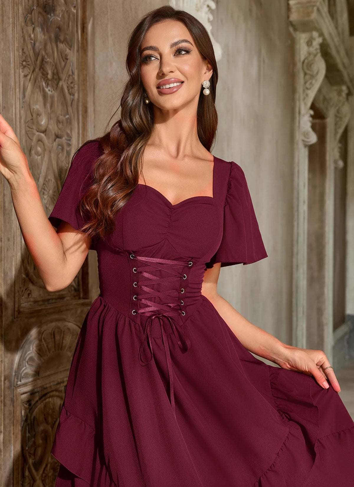 Burgundy High-Low Renaissance Dress with Corset-Style Bodice