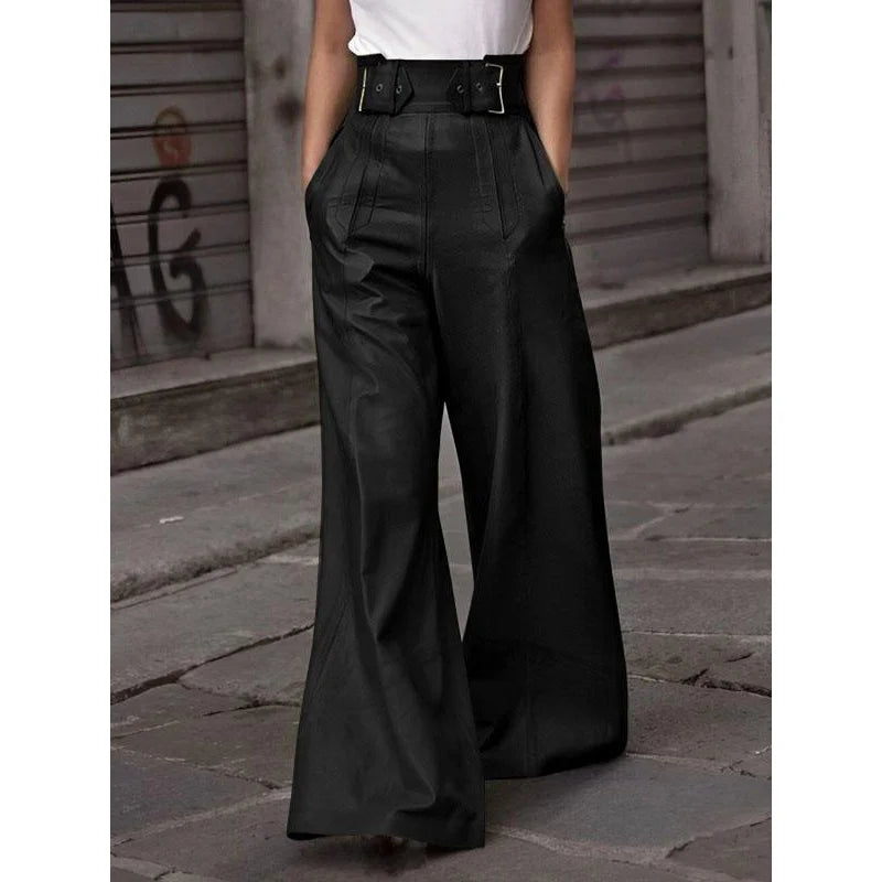 Women's PU High Waisted Loose Wide Leg Trousers