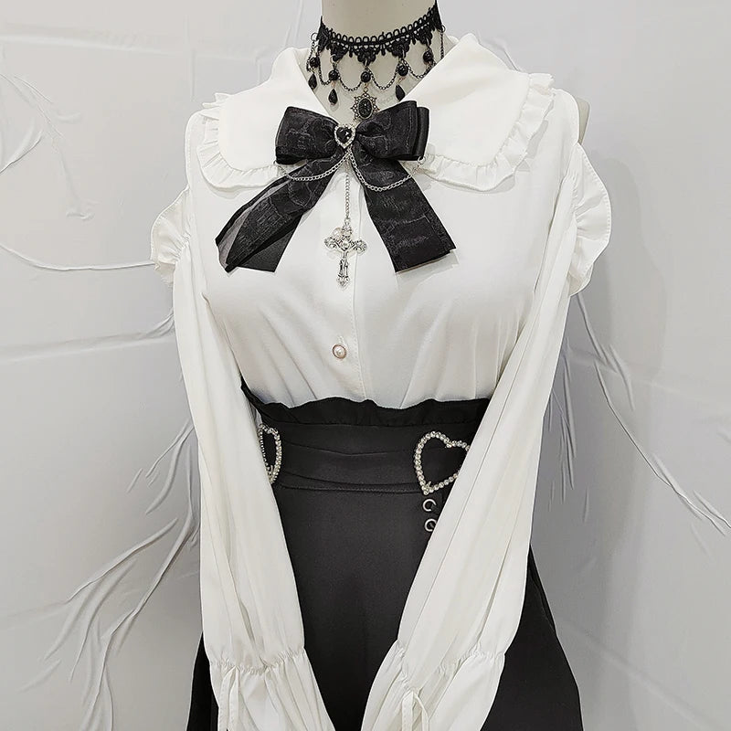 Women's Kawaii Lolita Blouse – Japanese-Inspired Peter Pan Collar Shirt with Lace & Bow Details Bazaare Mart Blouse