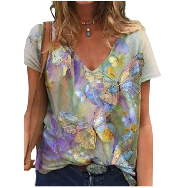 Women's Floral 3D Print V-Neck T-Shirt