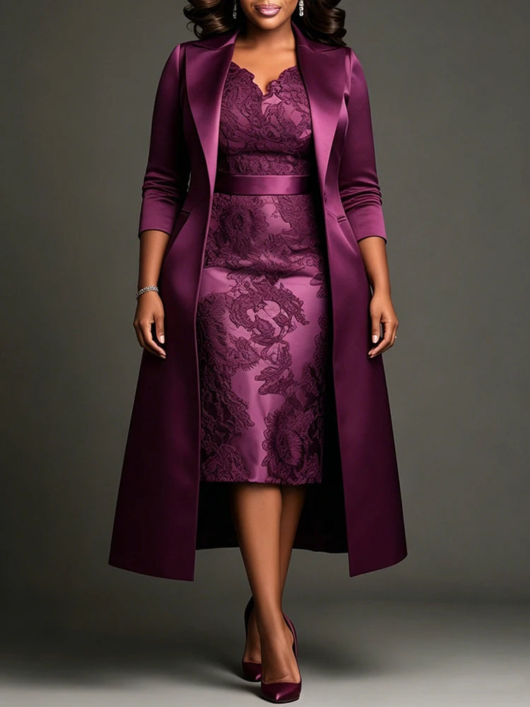 Plus Size Plum Satin Lace Midi Dress & Long Coat Set