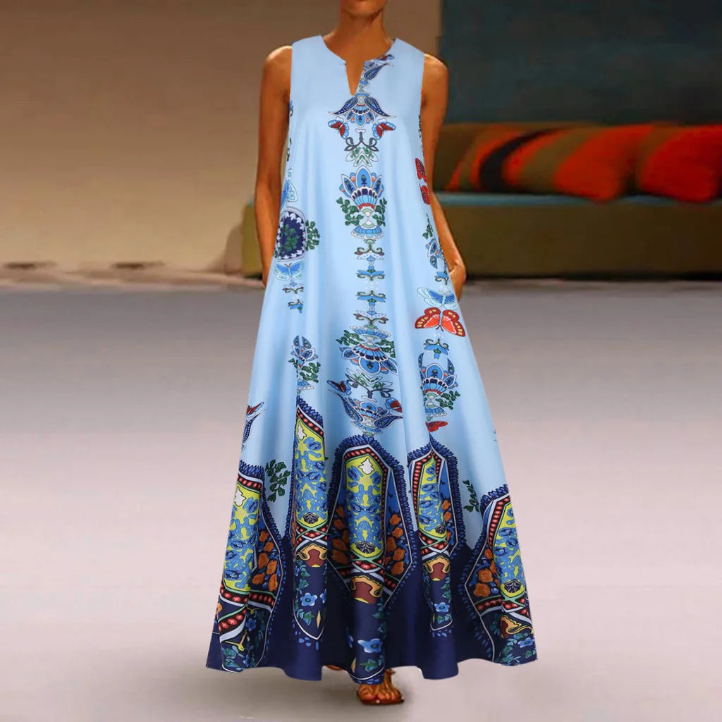 Women's Retro Boho Maxi Dress – Sleeveless V-Neck Summer Beach Dress with Pockets Bazaare Mart Maxi Sundress
