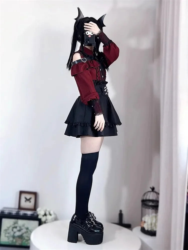 Dark Sweet Heart Ground Type Lolita Set, Ruffle Sleeve Top & A-line Skirt, Cute Kawaii Japanese Style Gothic Coord Outfit S-XL Bazaare Mart