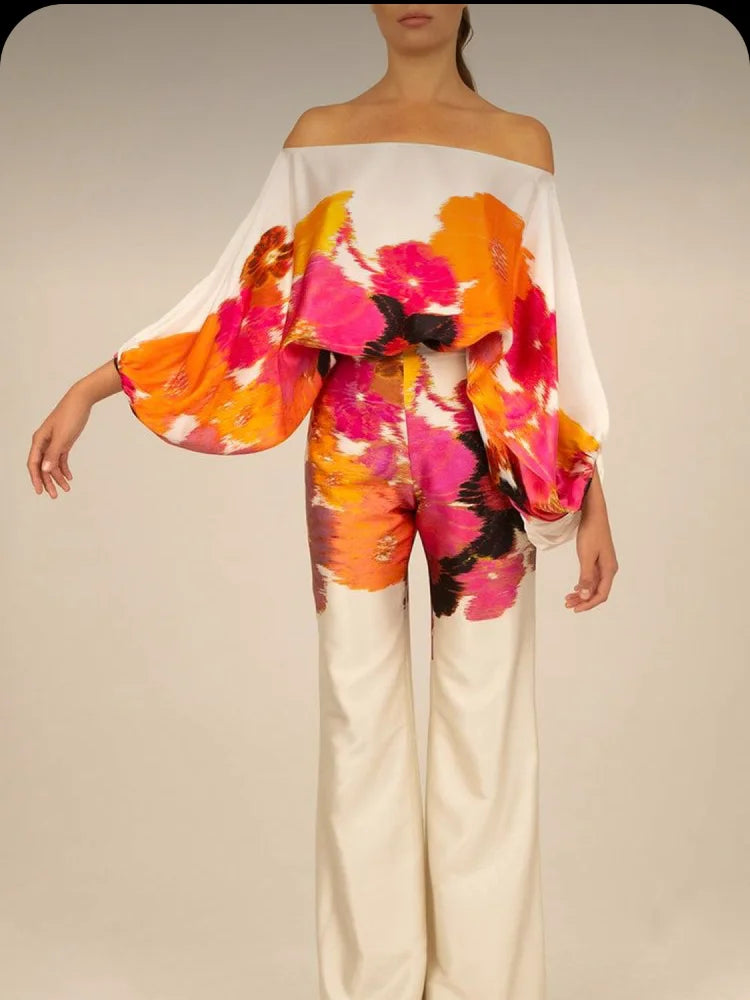 Abstract Print Satin 2pc Pants Sets