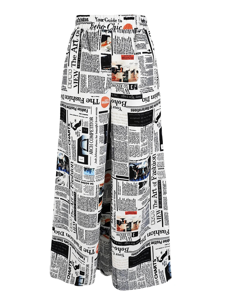 Vintage Newspaper Print Wide Leg Pants