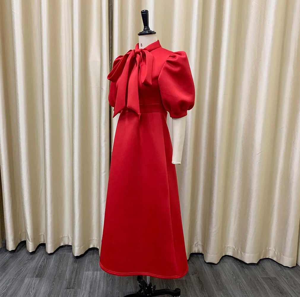 Elegant Solid Color Bow Short Puff Sleeve Full Skirt Midi Dress