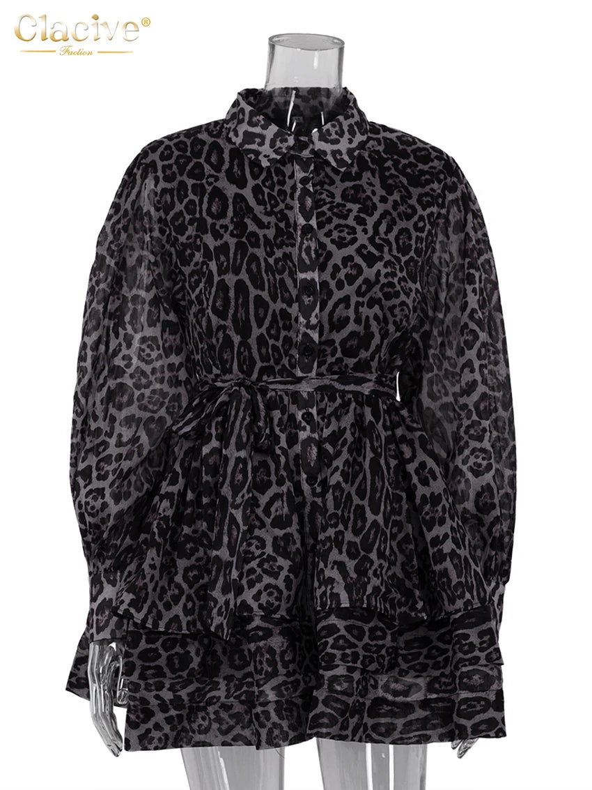Retro Leopard Print Long Sleeve Mini Dress