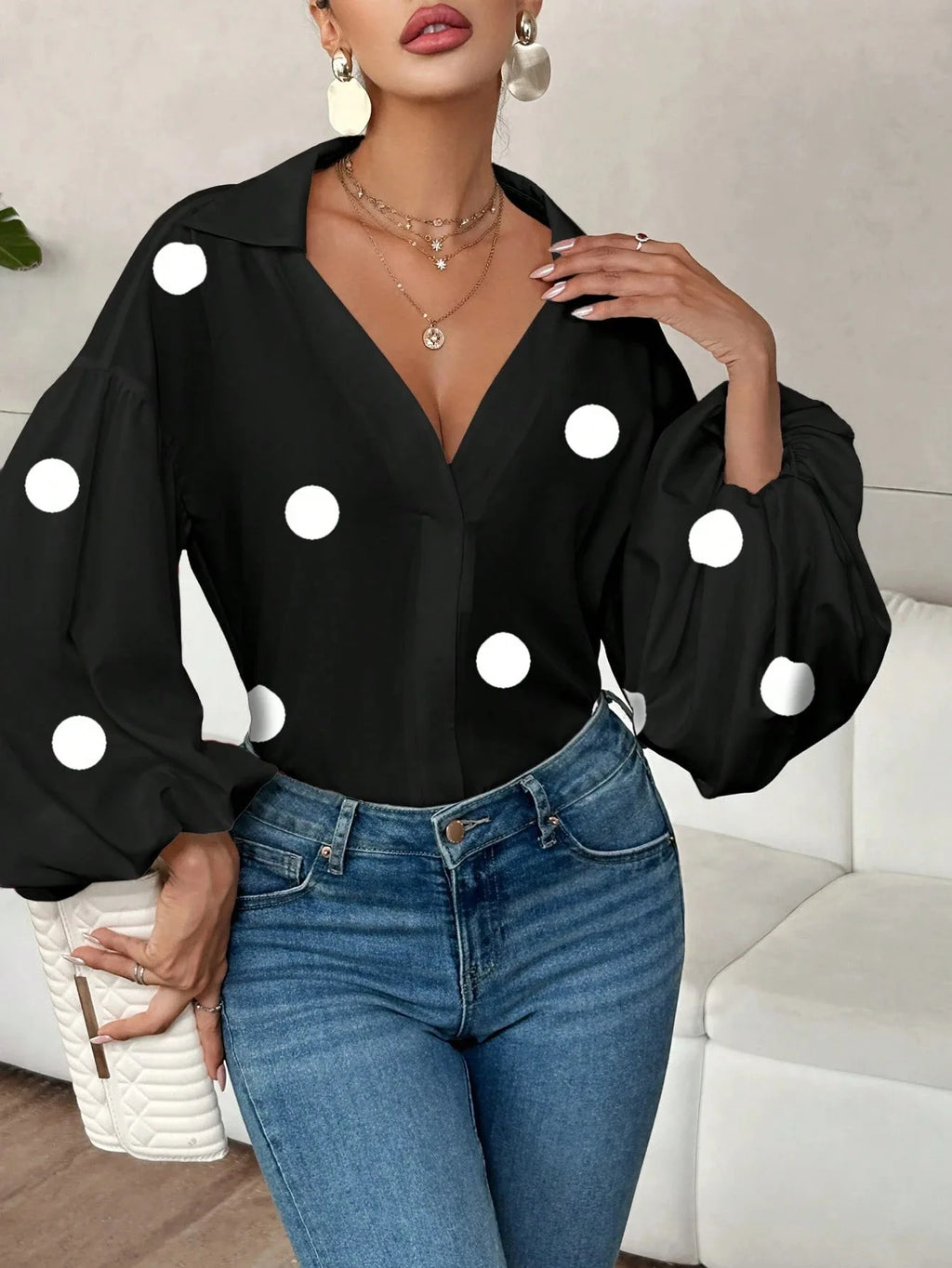 Boho Women's Blouses Spring Fall New Fashion French Polka Dot Half-neck Design Loose Puff Long-sleeve Top Casual Shirts Women Bazaare Mart