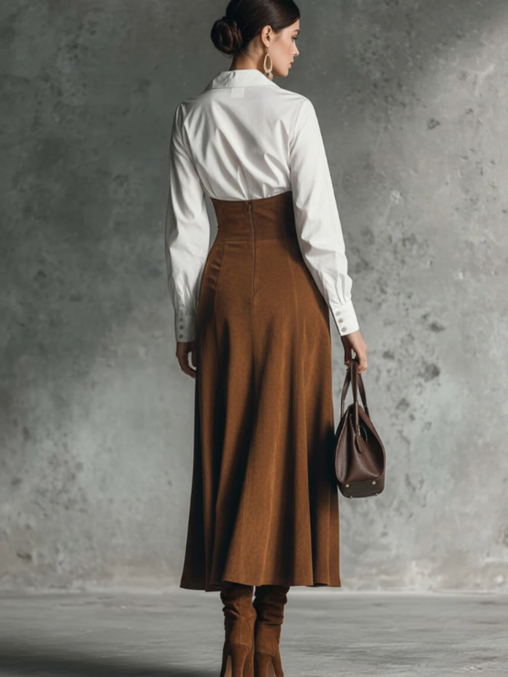 A woman is shown from behind wearing a white long-sleeve button-up shirt, a high-waisted brown midi skirt, and matching brown knee-high boots, while holding a brown handbag against a textured gray studio backdrop.