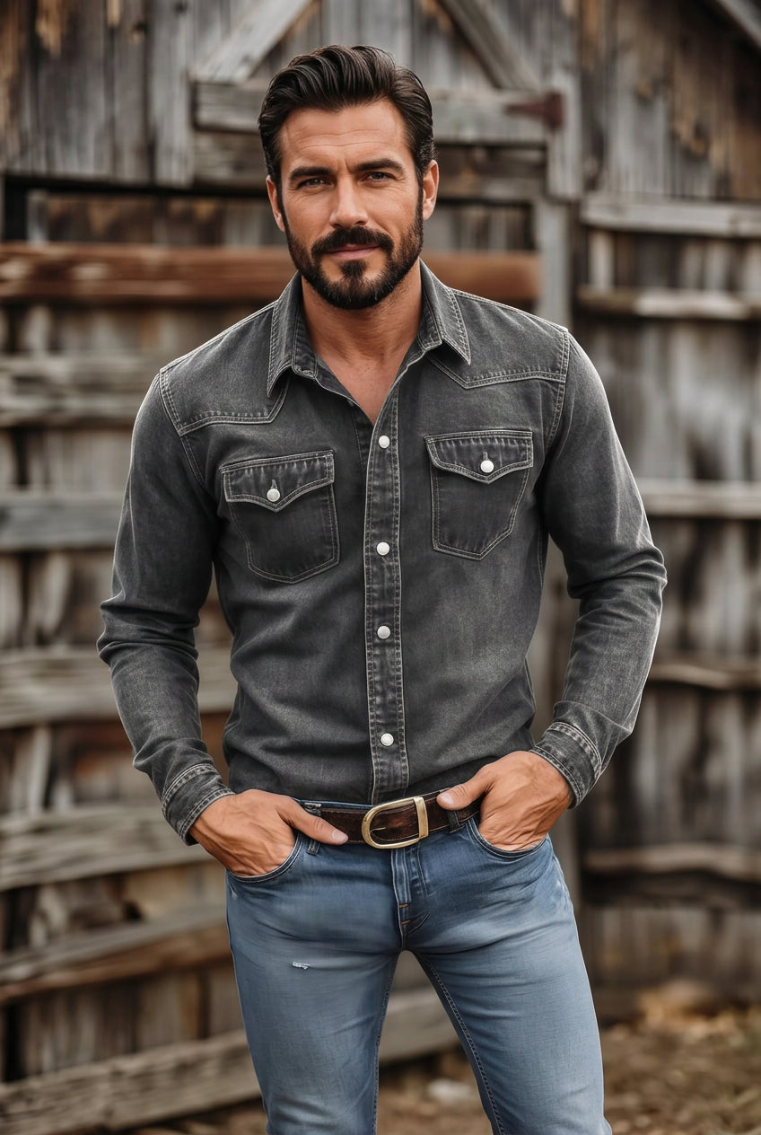 Men's Vintage Washed Denim Button Up Shirt
