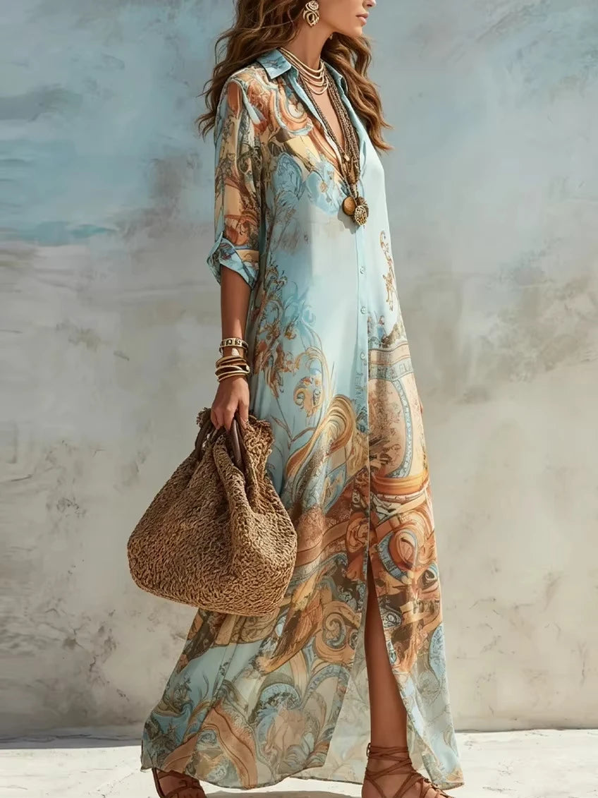 Elegant Printed Chiffon Maxi Shirt Dress
