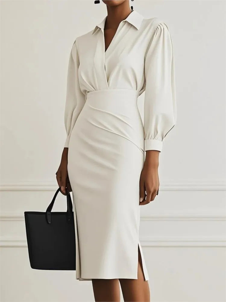 Fashionable Collared V-neck Solid Color Long-sleeved Bodycon Midi Dress