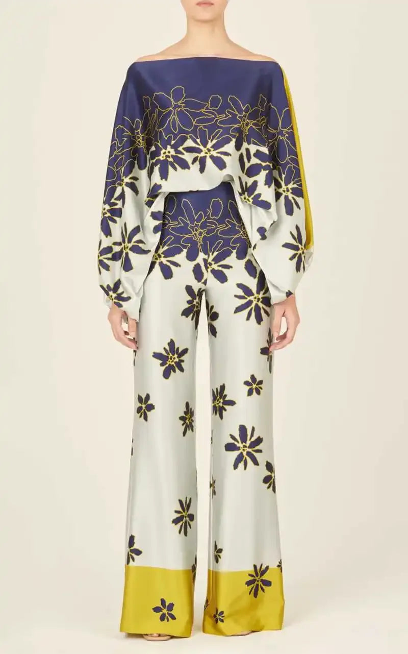 Abstract Print Satin 2pc Pants Sets Blue & White Bazaare Mart 2 pc. Pants Outfit