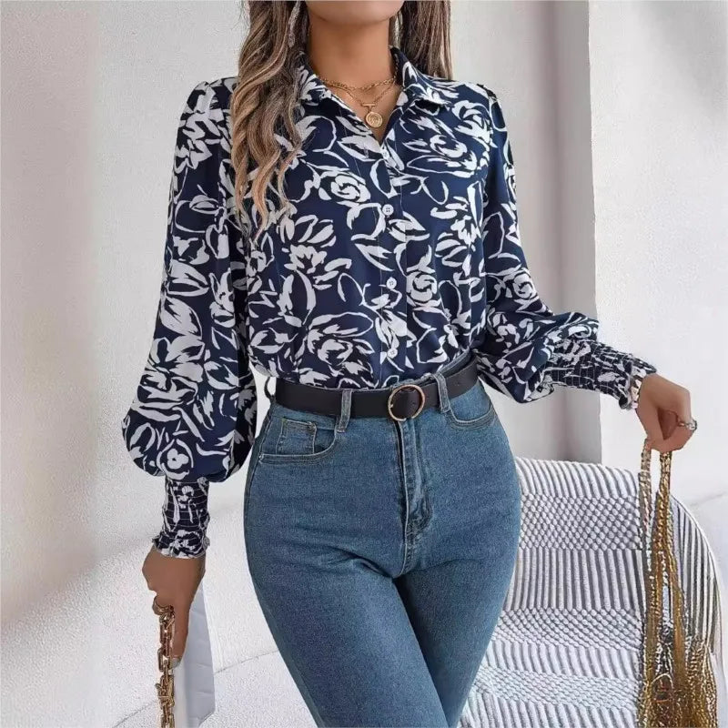 Floral Long Lantern Sleeve Flip Collar Blouse
