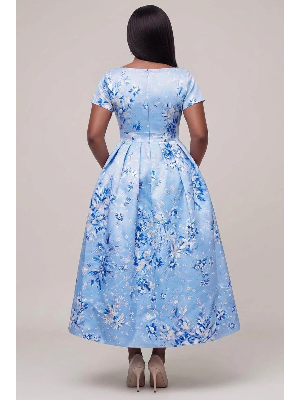 Blue Floral Fit-and-Flare Midi Dress