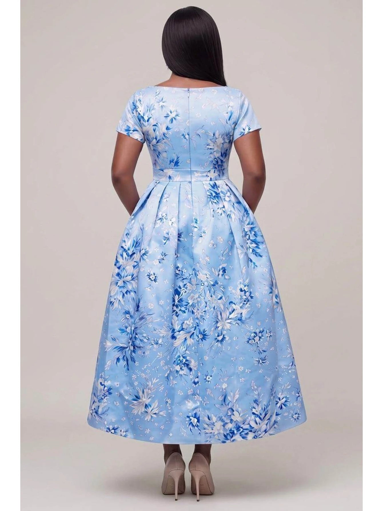Blue Floral Fit-and-Flare Midi Dress