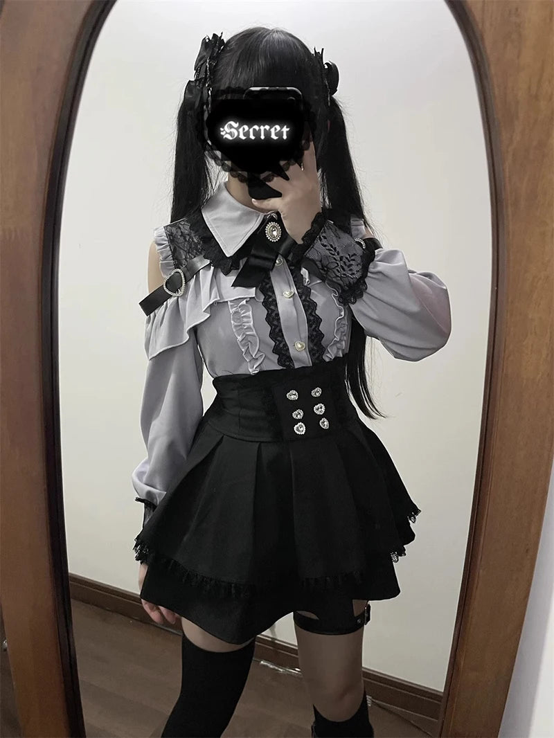 Jirai kei Shirt JK Skirt Japanese Style Lolita Y2K Sweet School Uniform Blouse Top Dress Darkness Outfit Women Girls Theme Party Bazaare Mart