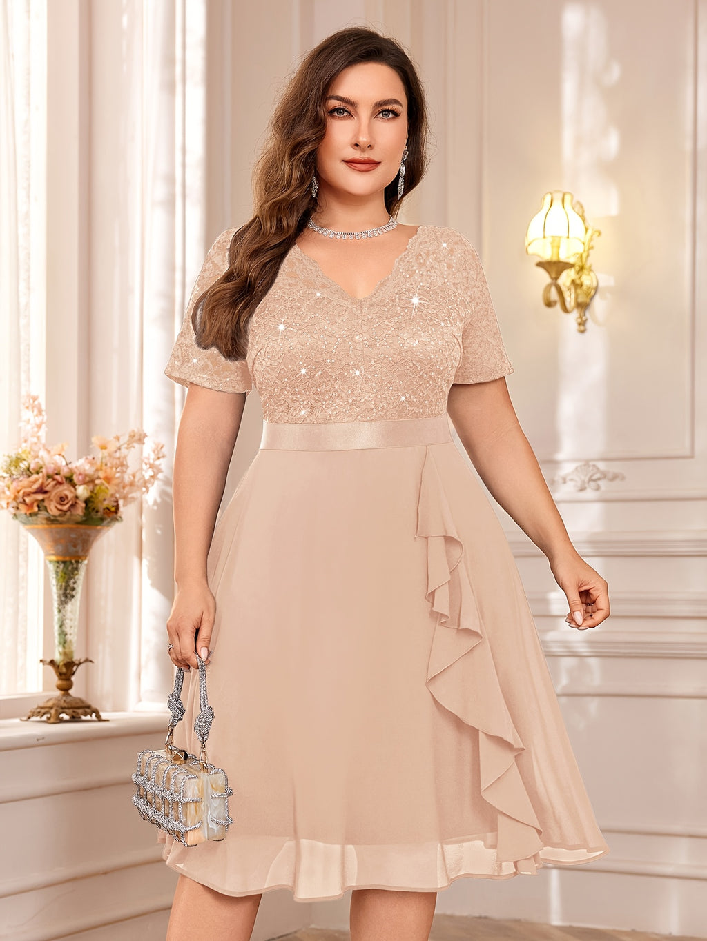 Gold Sequin Lace V-Neck Short Sleeve Chiffon Ruffle Hem Dress