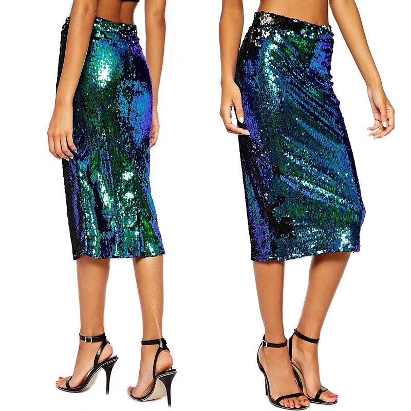 Green Sequin Elastic Waist Midi Skirt