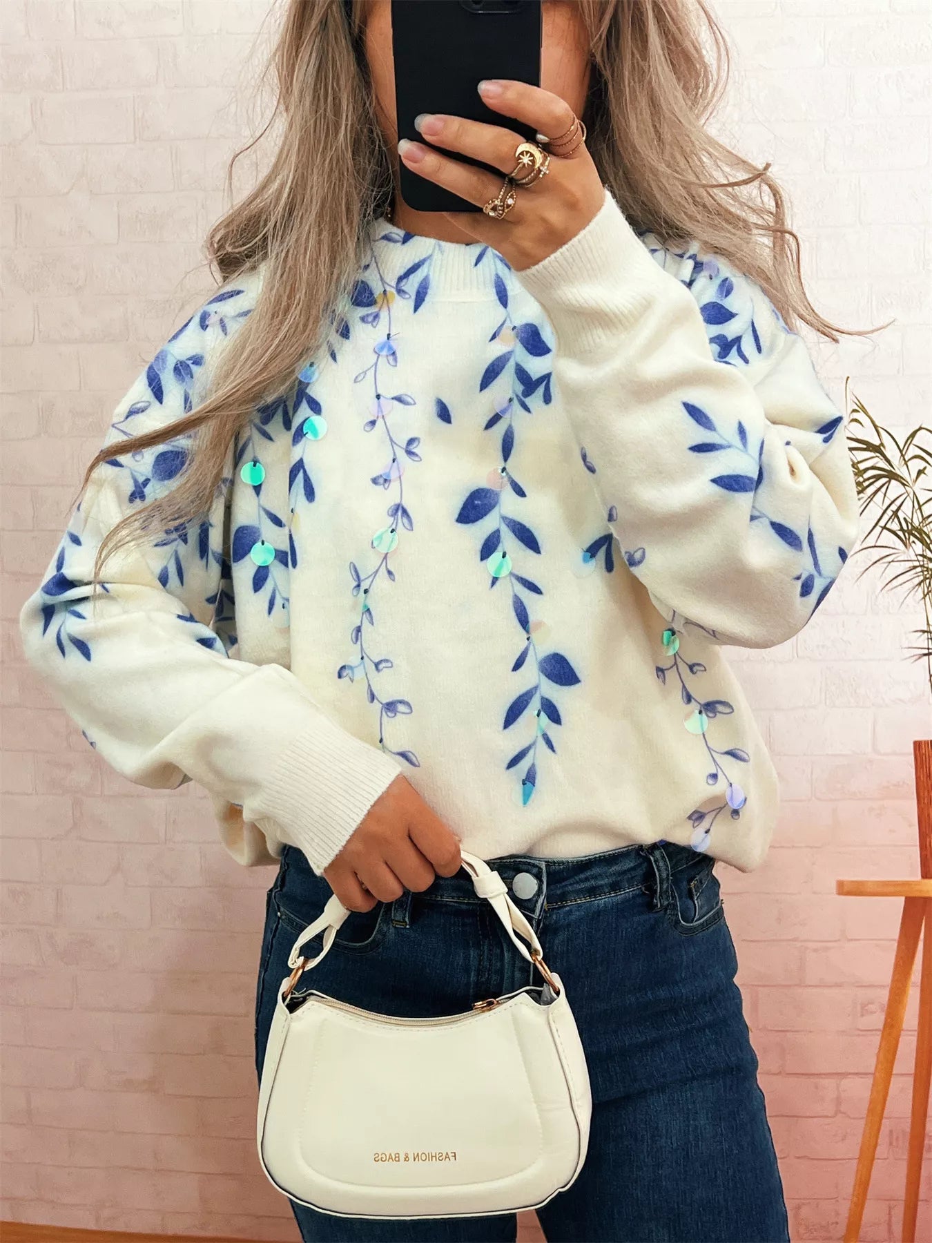 White Crew Neck Long Sleeve Blue Floral Sweater