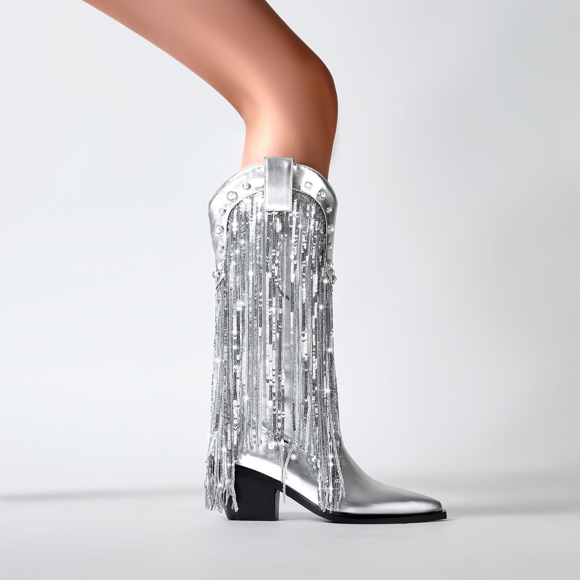 Sequin Tassel Pointed Toe Knee High Cowgirl Boot