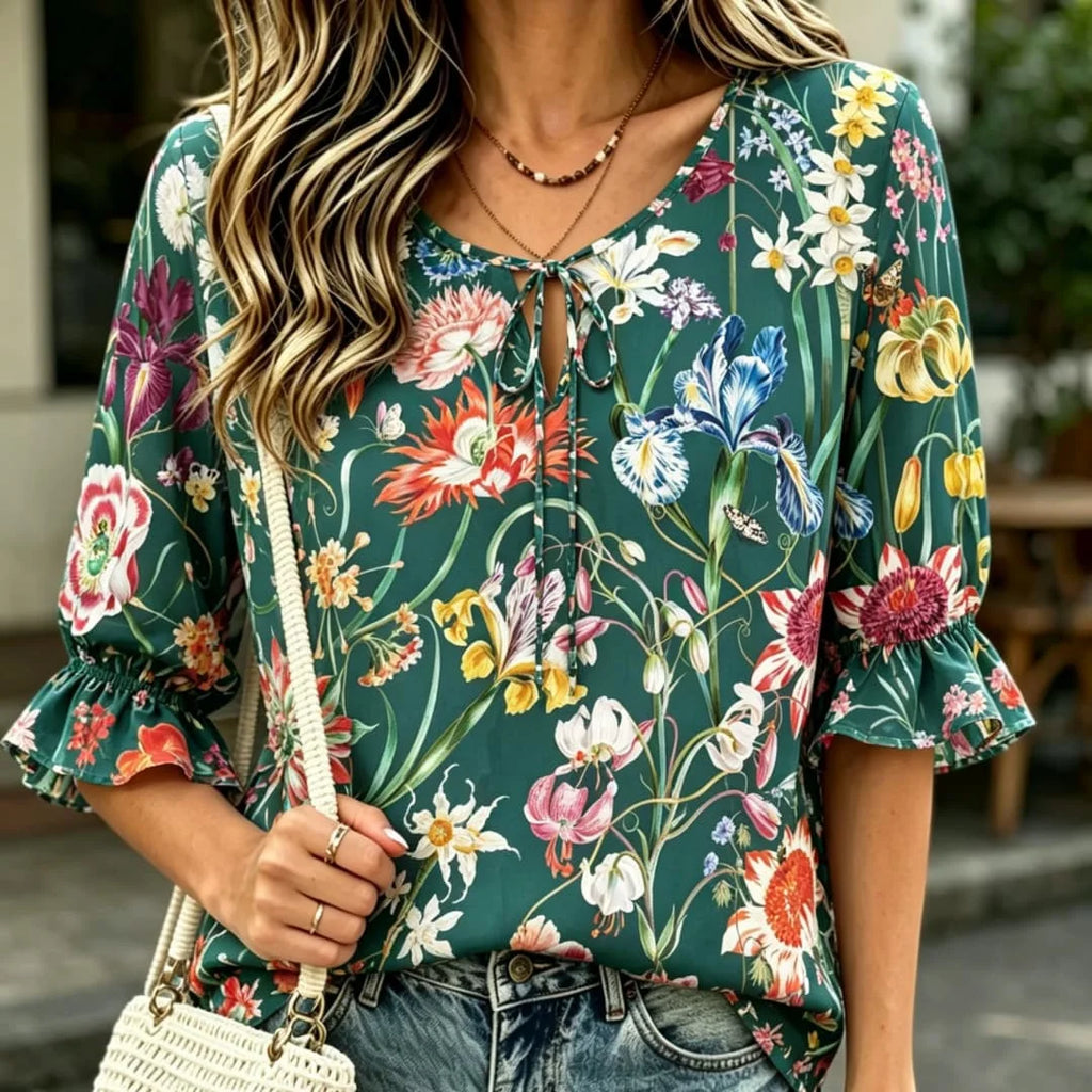 Women's Vibrant Floral Print Ruffle Sleeve Blouse – Tie Neck Boho Top for Spring & Summer Bazaare Mart Floral Blouse
