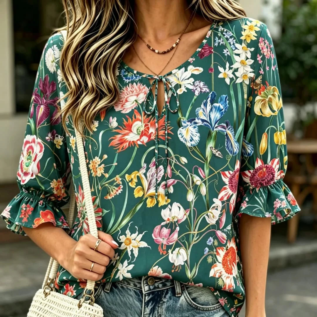 Women's Vibrant Floral Print Ruffle Sleeve Blouse – Tie Neck Boho Top for Spring & Summer Bazaare Mart Floral Blouse