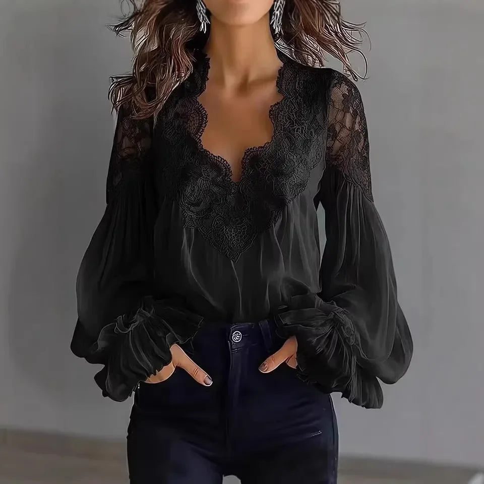 Lace-Trim V-Neck Chiffon Blouse with Long Puff Sleeves