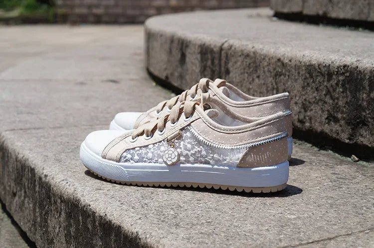 Unique Hollow Mesh Polka Dot Denim Sneakers