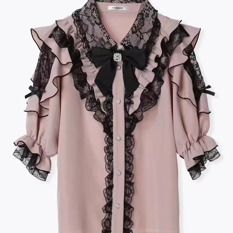 Dark Sweet Heart Ground Type Lolita Set, Ruffle Sleeve Top & A-line Skirt, Cute Kawaii Japanese Style Gothic Coord Outfit S-XL short sleeve shirt15 Bazaare Mart