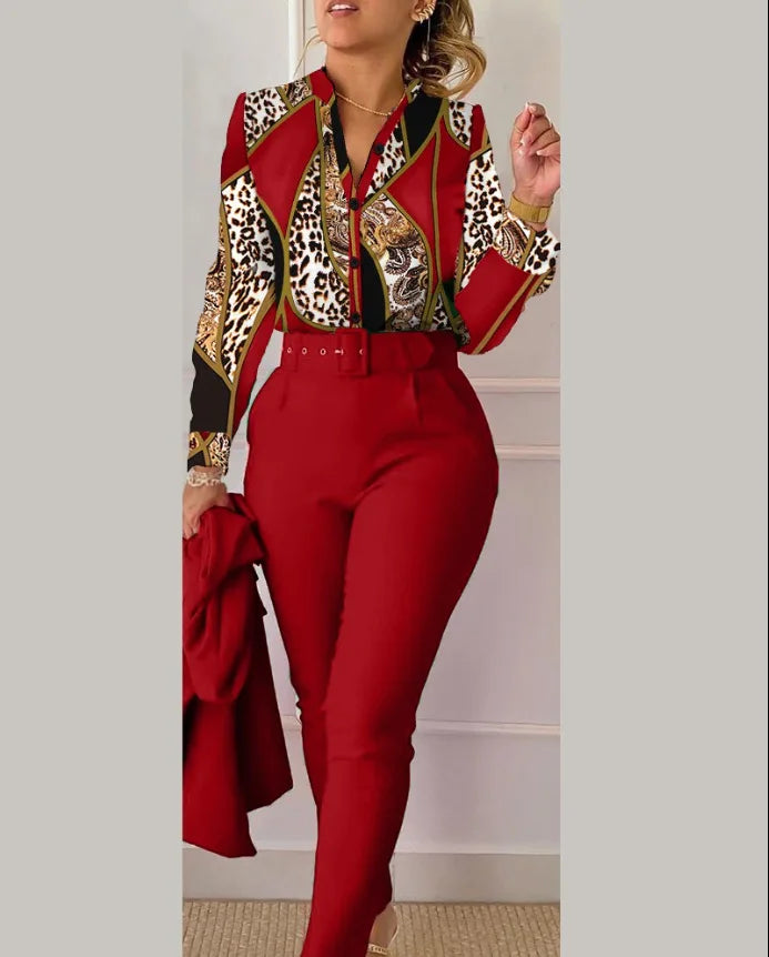 Print Long Sleeve Shirt Matching Pants Sets With Belt