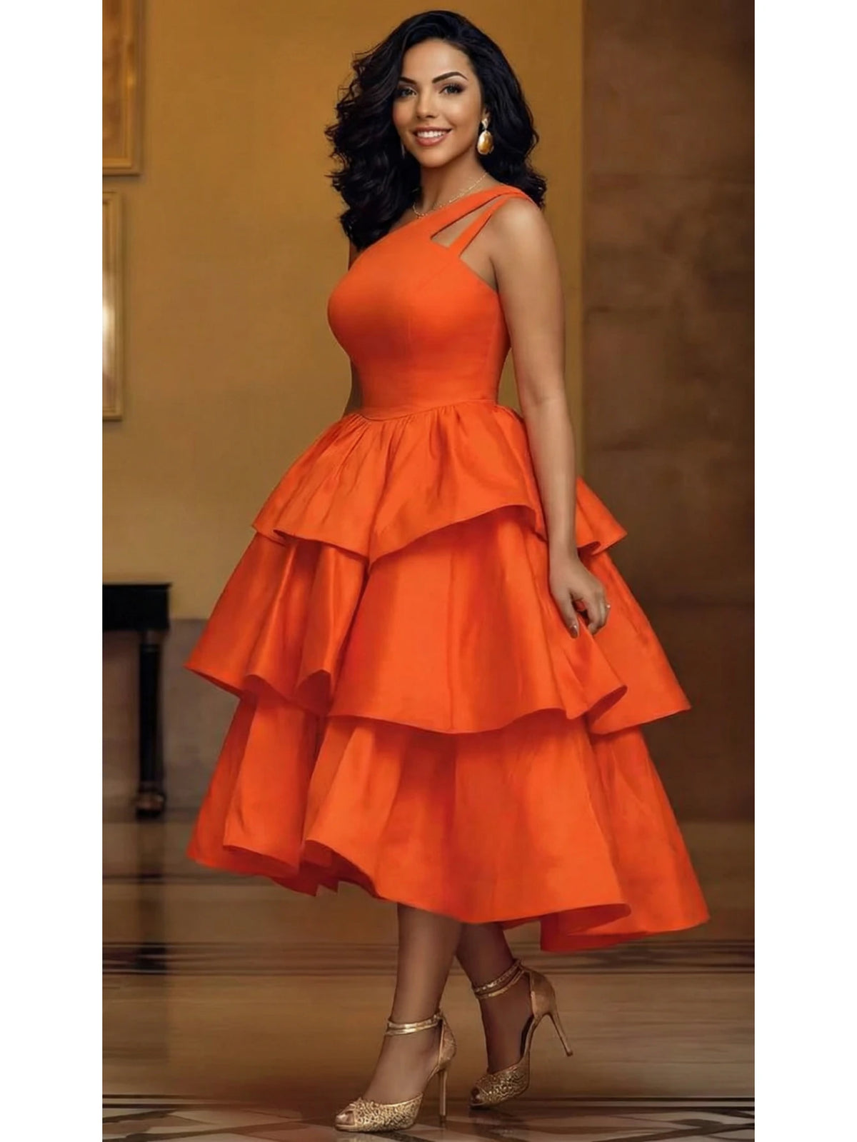 One-Shoulder Cutout Tiered Midi Dress