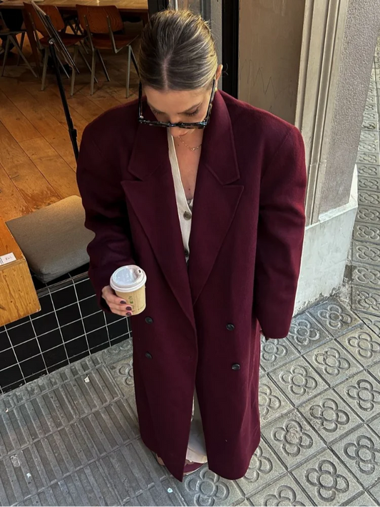 Burgundy Double Breasted Long Wool Overcoat