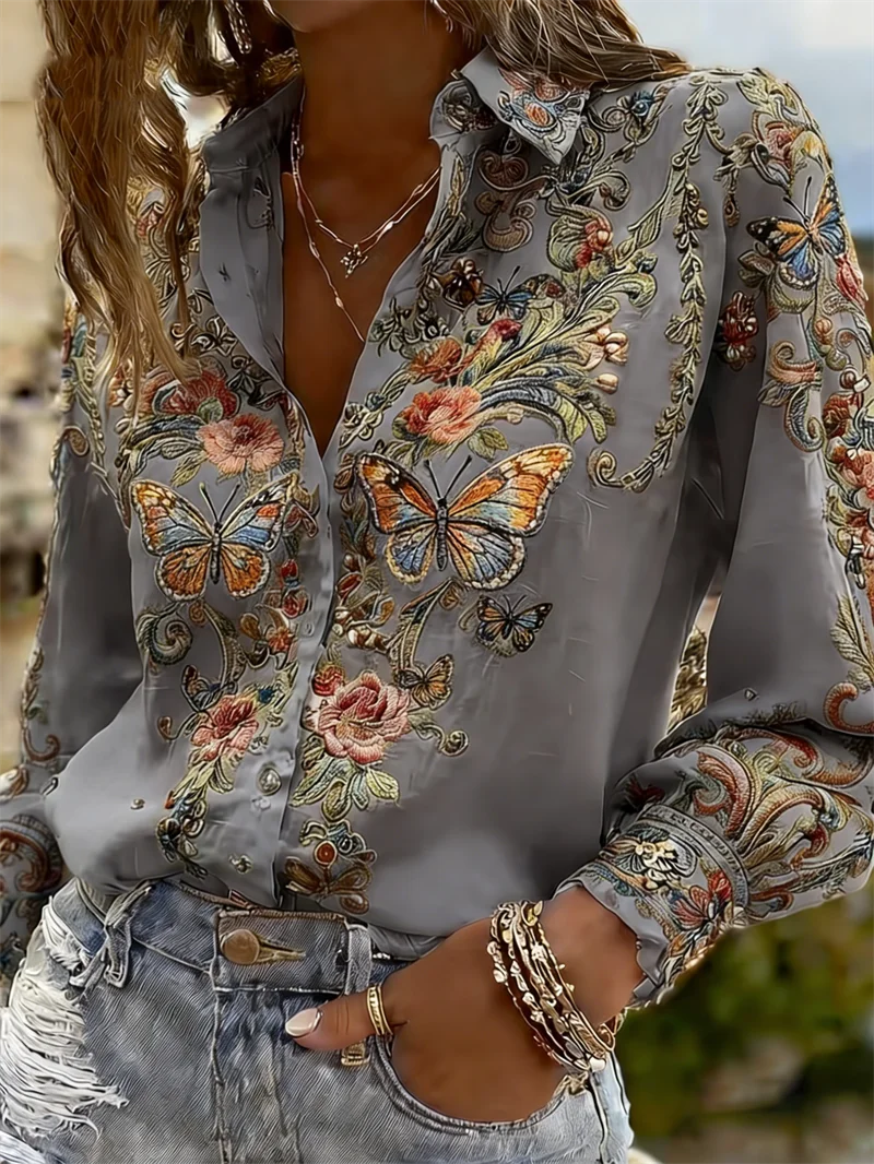 Women's Butterfly Floral Western Blouse | Long Sleeve Button-Up Shirt