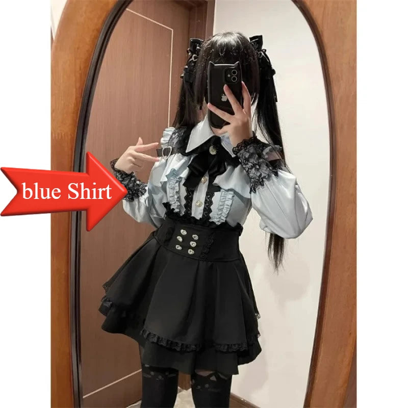Dark Sweet Heart Ground Type Lolita Set, Ruffle Sleeve Top & A-line Skirt, Cute Kawaii Japanese Style Gothic Coord Outfit S-XL blue Shirt Bazaare Mart