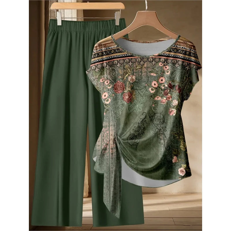 Dark Green Floral Print Twisted Top & Solid Wide Leg Pants Set