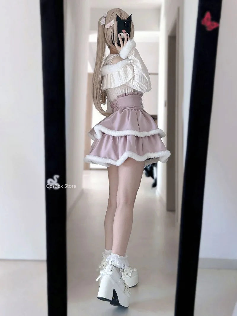 Jirai Kei Layered Skirt Outfit Lolita Y2K Pink Lace Pearl Long Sleeve Top Women Sweet Kawaii High Waist Japanese Style Xmas Set Bazaare Mart