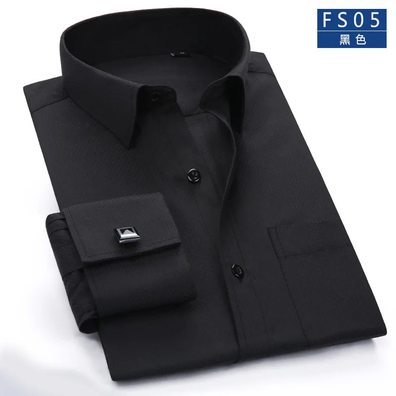Black dress shirt with cufflinks on a white background, featuring the brand 'FS05'.