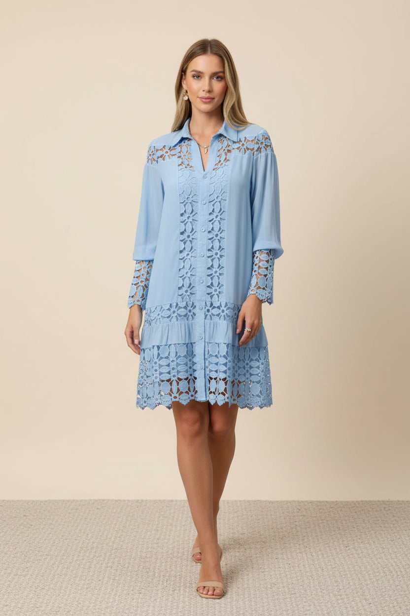 Spring Summer Lace Hollowed Out Patchwork Shirt Women's Dress Sexy Elegant Female 2 Piece Suit With Inner Strap Anti Slip Dress Bazaare Mart