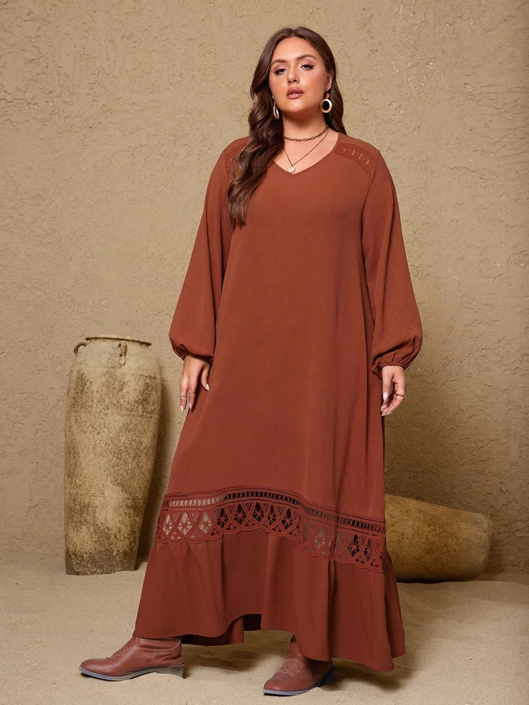 Brown V-neck Long Puff Sleeve Hollow Lace Sash Tie Maxi Dress Bazaare Mart Long Sleeve Sash Tie Maxi Dress