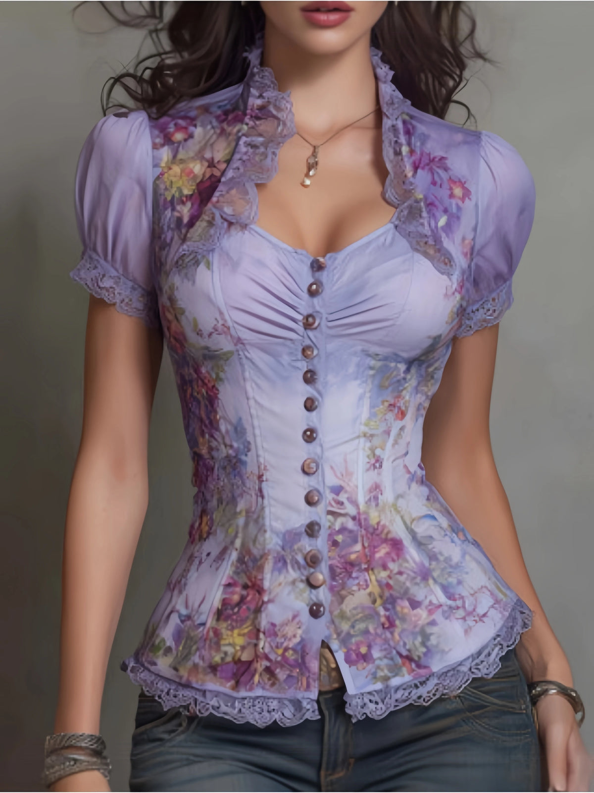 A woman wearing a lavender short-sleeve corset-style blouse with a floral print, lace trim, and front buttons, paired with blue jeans against a plain gray studio background.
