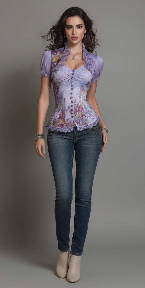 A woman wearing a lavender short-sleeve corset-style blouse with a floral print, lace trim, and front buttons, paired with dark jeans against a plain gray background.