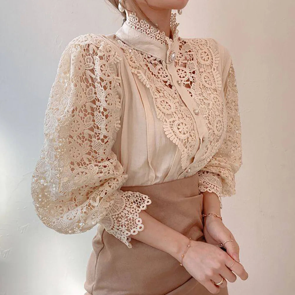 Vintage Lace Long Sleeve Pearl Button Blouse