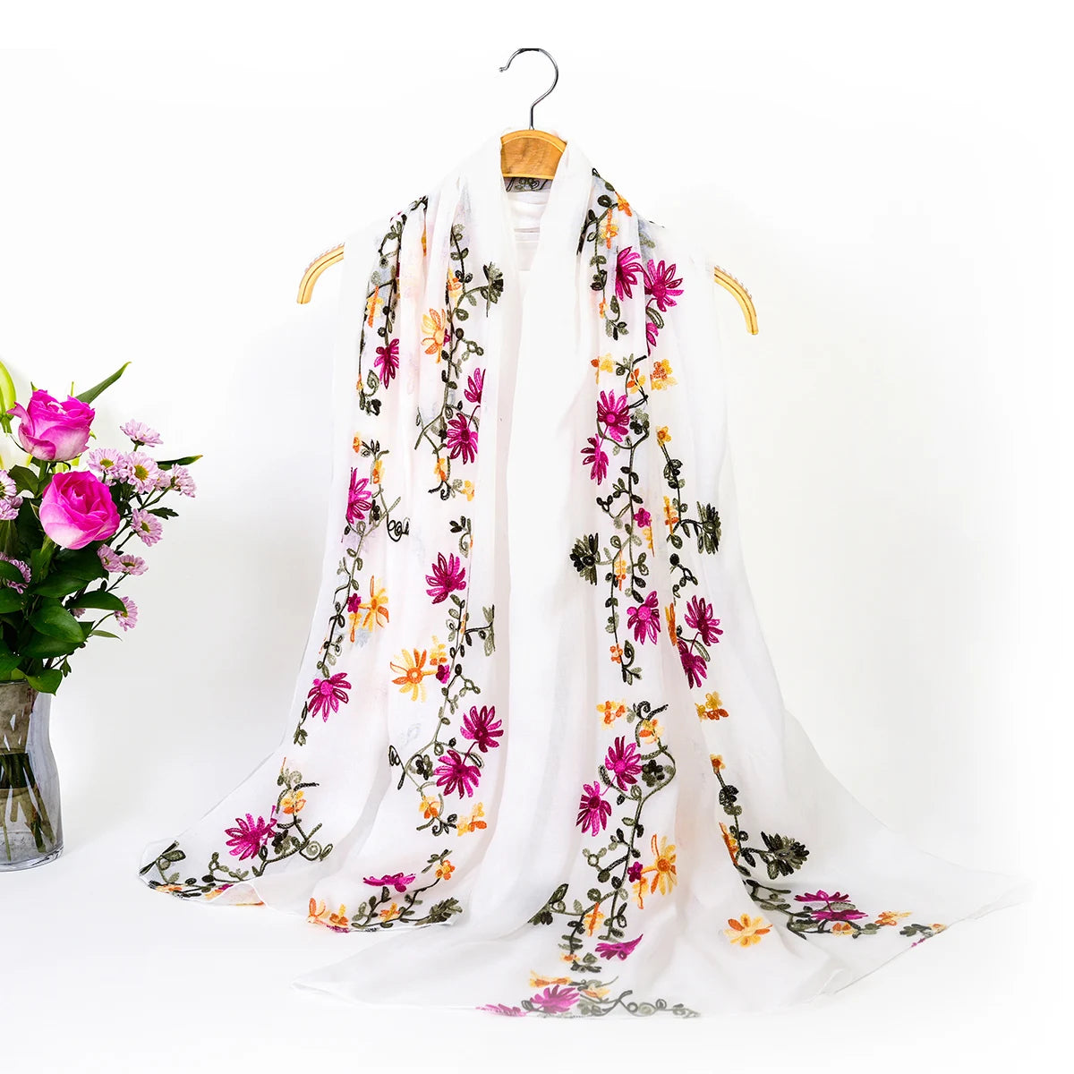 Women’s Cotton Linen Style Embroidered Scarf Shawl – Lightweight Floral Travel Wrap WHITE Bazaare Mart Silk Scarf
