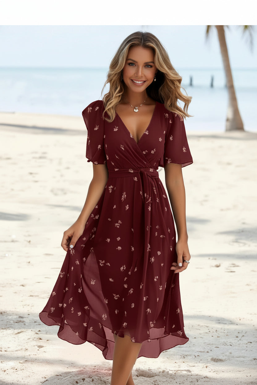 Elegant Floral Surplice Midi Dress Wine red 6 Bazaare Mart Surplice Midi Dress