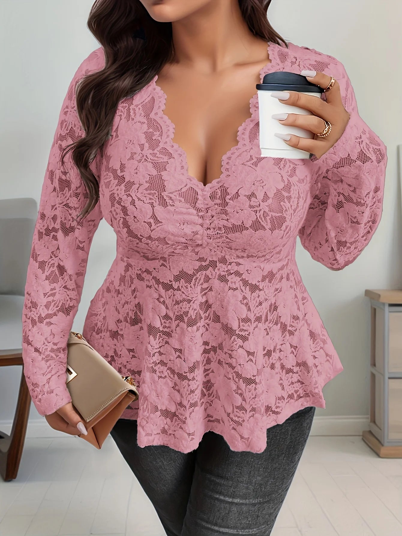 Elegant Fashionable Women's Long Sleeve Lace T-shirt Lady's Stylish Lace Top Comfortable Fit Casual Wear Bazaare Mart
