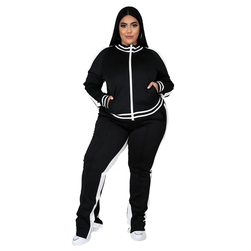 Plus Size Fluorescent Striped Cold Shoulder Tracksuit